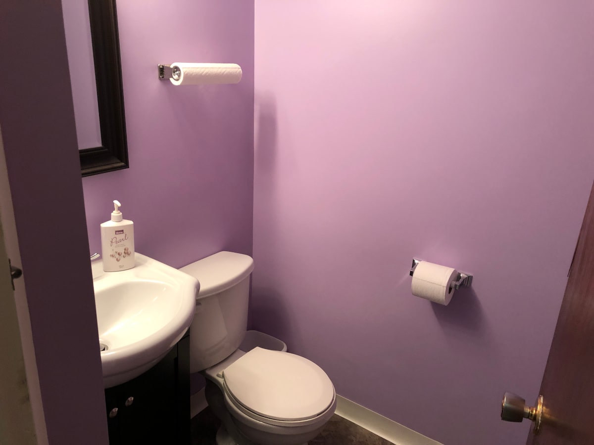 Our very pretty, clean, brand new (2022) remodelled bathroom, with new toilet, sink and vanity, roll of paper towels mounted on the wall, and toilet paper roll mounted by the toilet