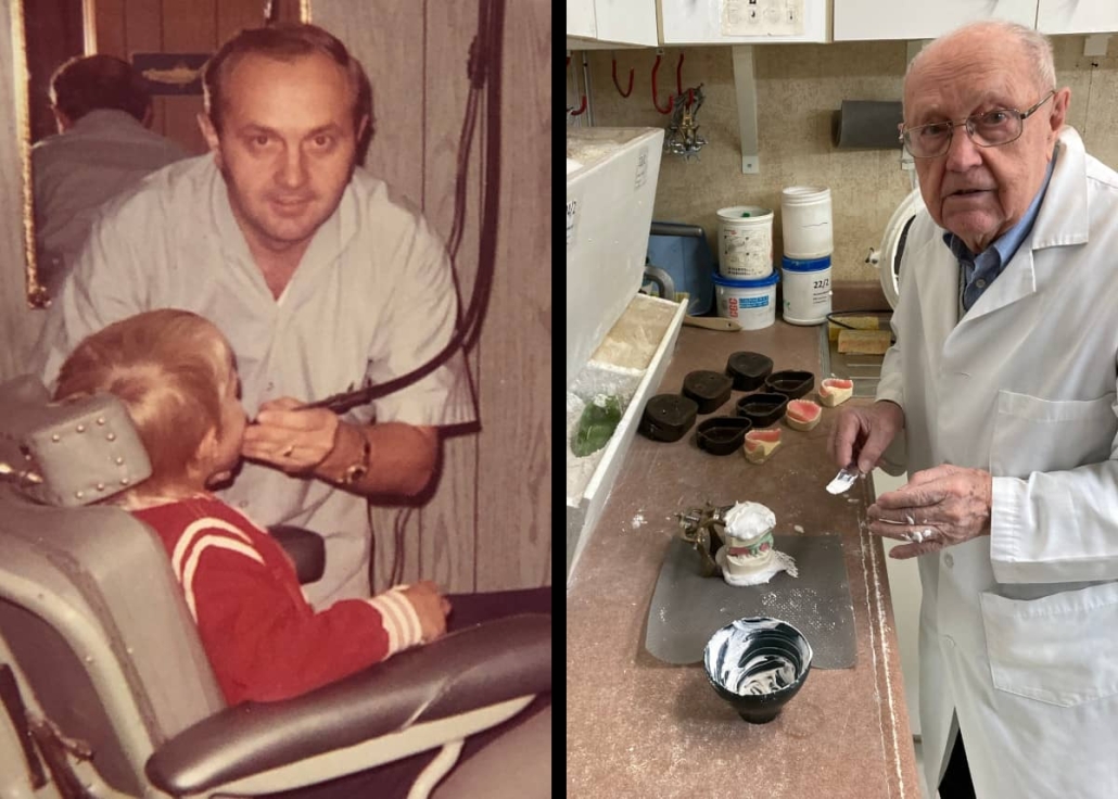 Dual pictures with Joe Schankula denturist starting out versus 50 years later still in the lab