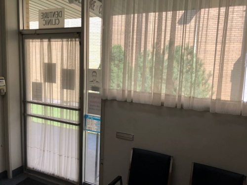 57-A patient's point of view beginning to leave our denture clinic, looking from inside the waiting room at the shear-curtained door and large window, through which we can see the garden bushes outside