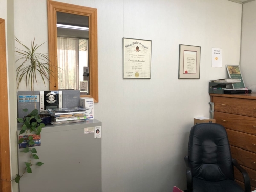 The wall behind the reception desk showing a wood-framed mirror and diplomas, a metal filing cabinet on the left with a plant, radio and magazines on top, a beautiful wooden cabinet on the right and the receptionist's soft leather computer chair