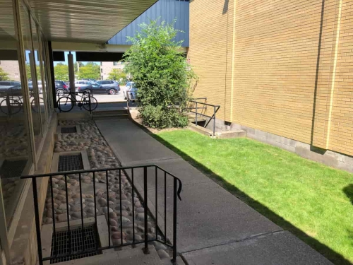 The garden alleyway and front parking lot, taken from our entrance landing, showing the two steps down into the garden